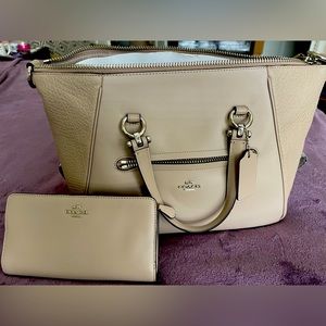 Authentic Coach handbag. Tan or greyish color, w/matching wallet.